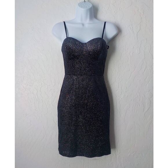 Windsor Blue Glitter Stripes Bodycon Dress Women size Small Zip Up Stretch - Picture 1 of 9